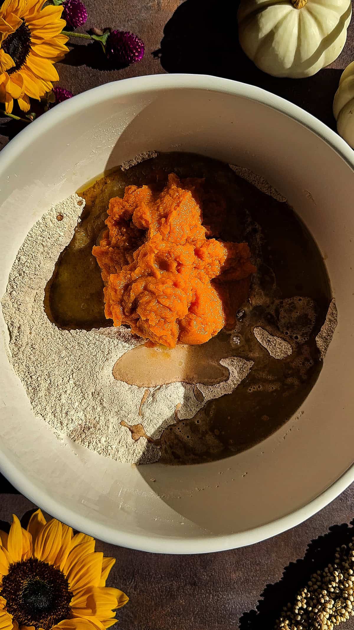 adding wet ingredients to dry