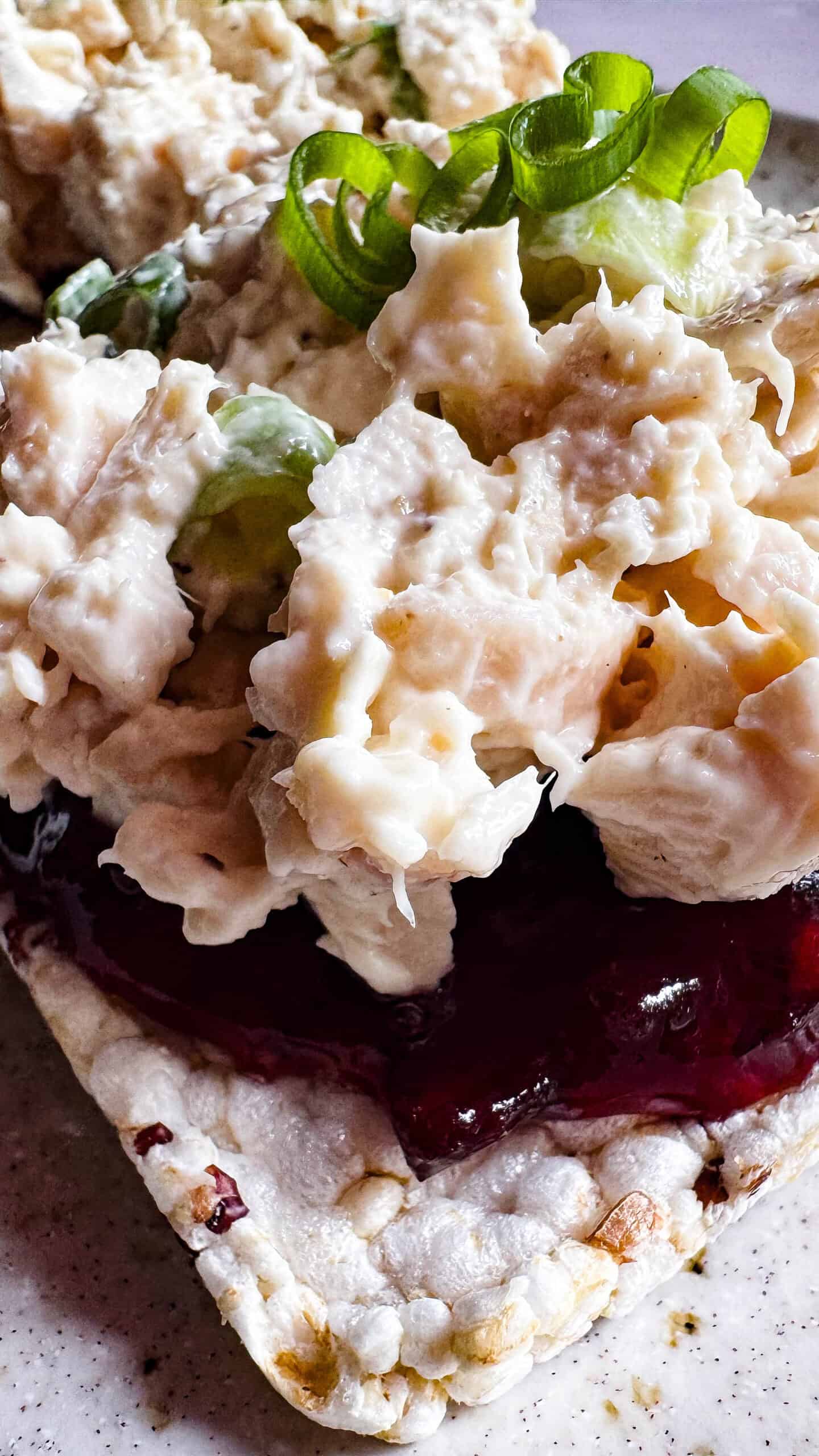high protein chicken salad with cranberry sauce on rice thins
