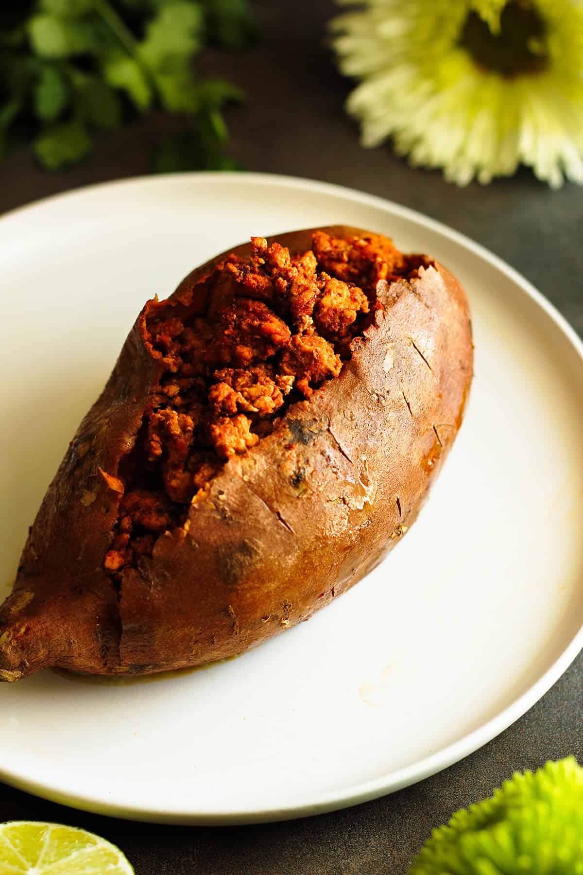 sweet potato stuffed with chicken taco meat
