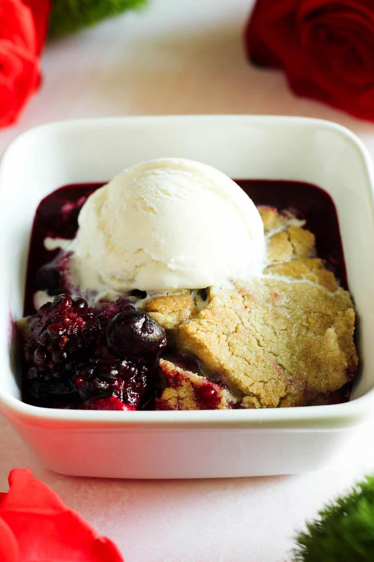 dairy free cobbler served warm with vanilla ice cream